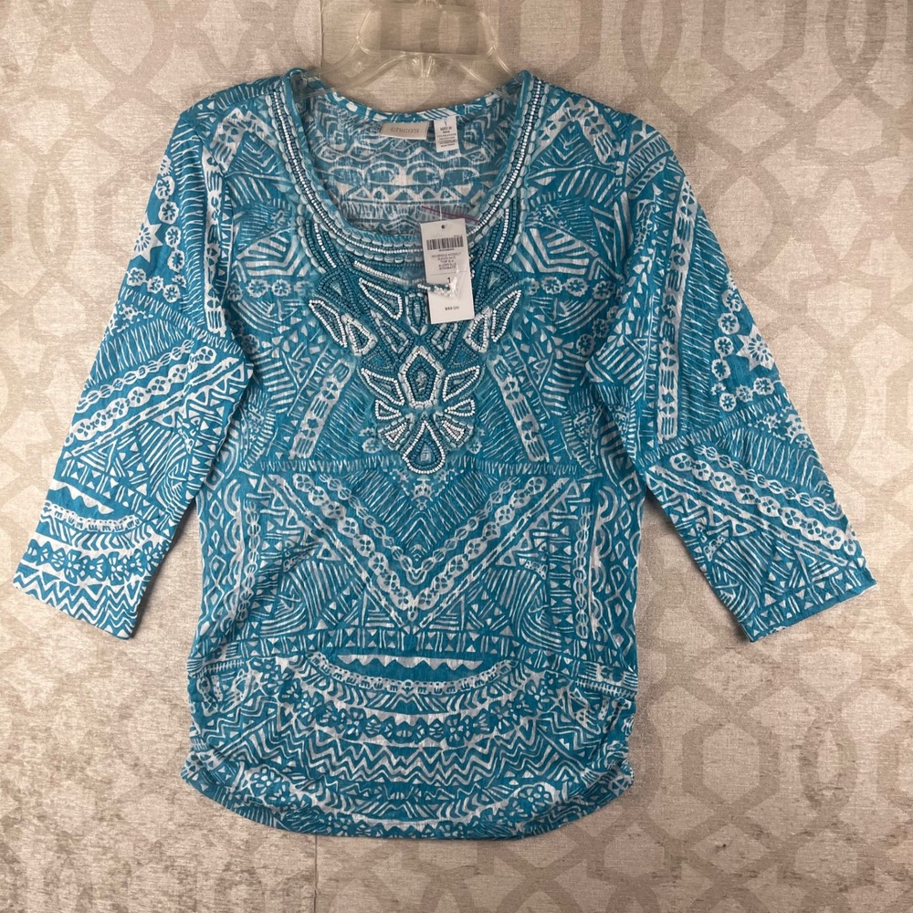 Chico's Indigenous Woodcut Top Women 1 Blue NWT Beaded Ruched 3/4 Sleeve Blouse
